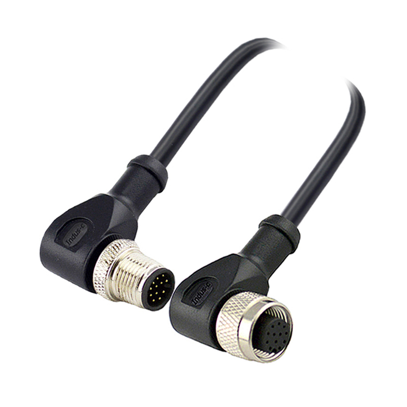 M12 12pins A code male right angle to female right angle molded cable,shielded,PUR,-40°C~+105°C,26AWG 0.14mm²,brass with nickel plated screw